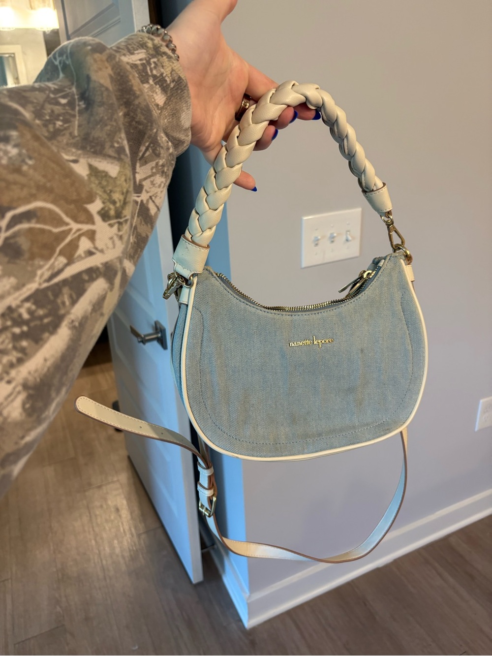 Light Blue Denim Shoulder Bag with Cream Braided Handle